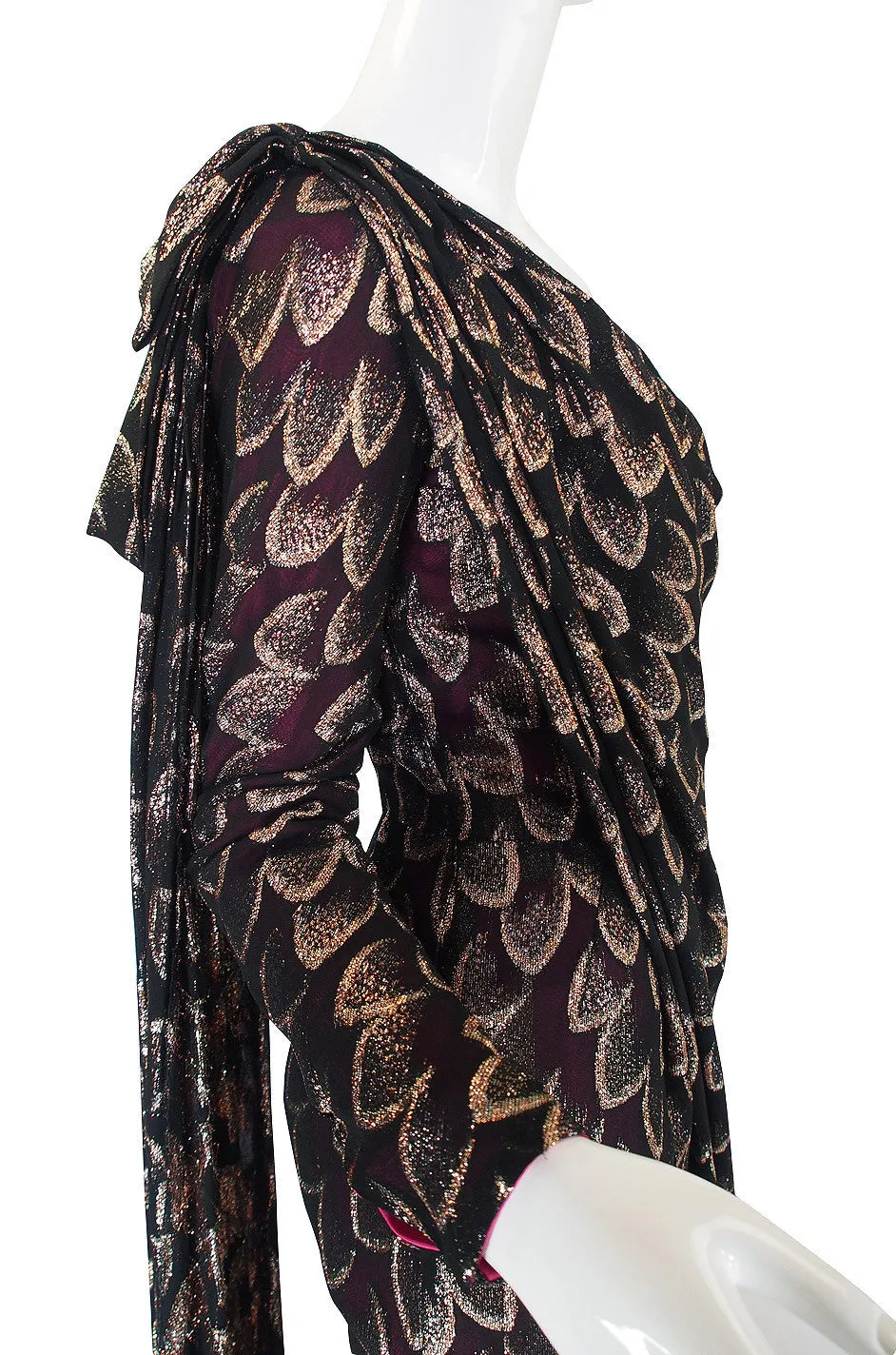 1970s Metallic Chiffon Gown with Pink Lining