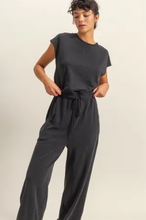 Back Keyhole Round Neck Cap Sleeve Drawstring Jumpsuit