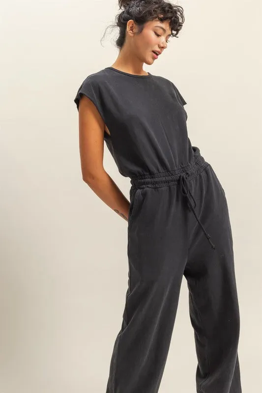 Back Keyhole Round Neck Cap Sleeve Drawstring Jumpsuit