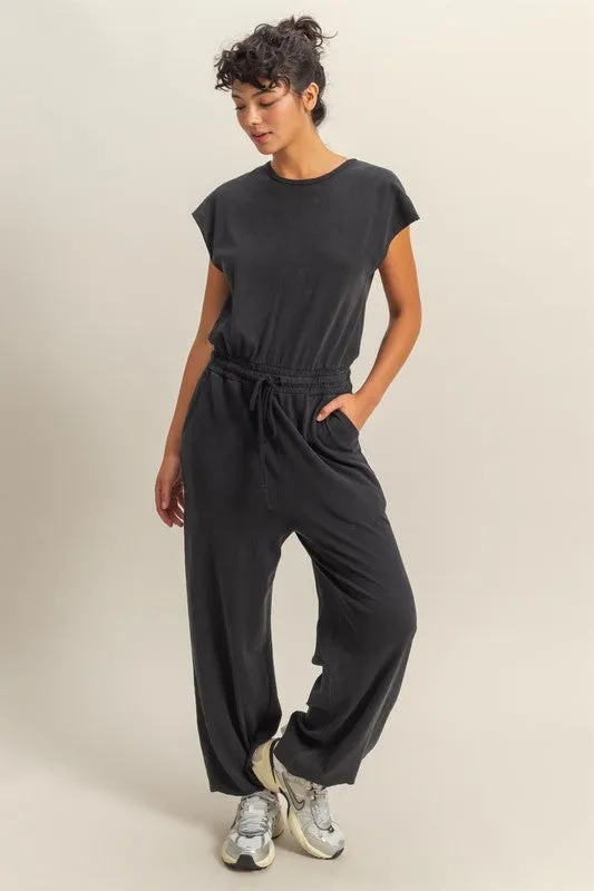 Back Keyhole Round Neck Cap Sleeve Drawstring Jumpsuit