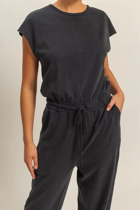 Back Keyhole Round Neck Cap Sleeve Drawstring Jumpsuit