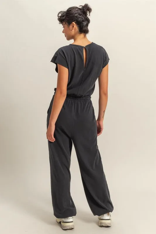 Back Keyhole Round Neck Cap Sleeve Drawstring Jumpsuit