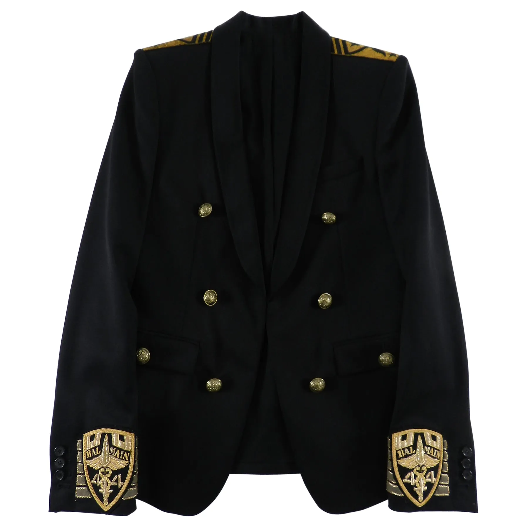 Balmain Black Military Blazer with Gold Logo Embroidered Crests - 46