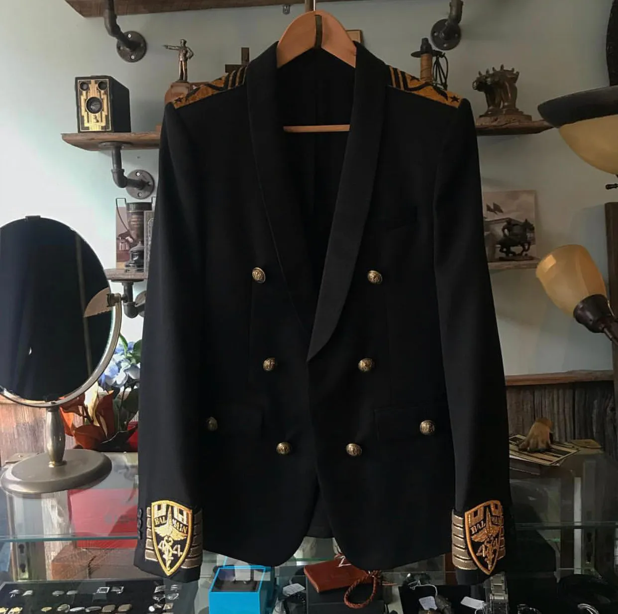 Balmain Black Military Blazer with Gold Logo Embroidered Crests - 46