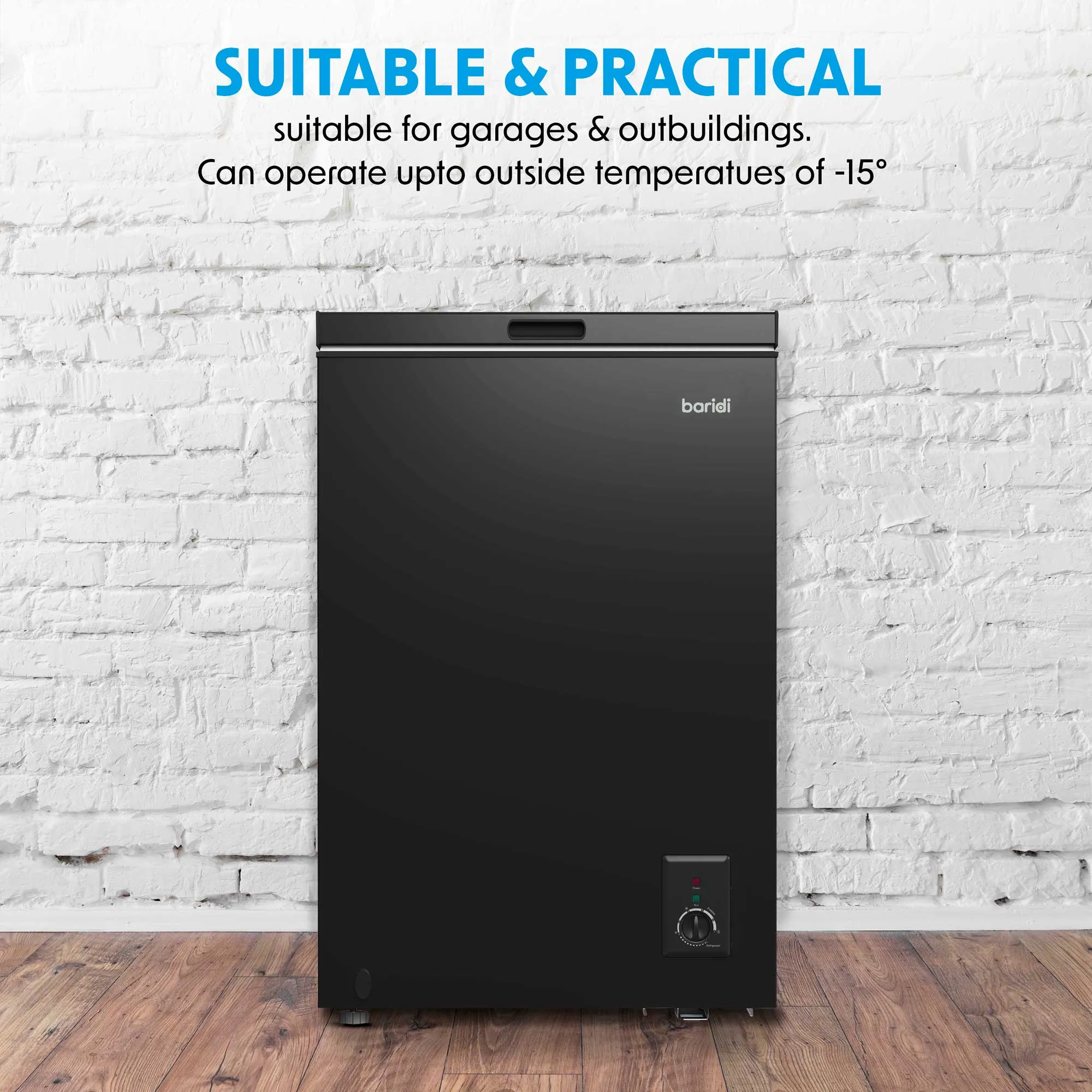 Baridi Freestanding Chest Freezer, 99L, Garage and Outbuilding Safe, Adj. Thermostat, Black - DH153