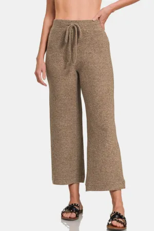 Brown Drawstring Hacci Cropped Pants