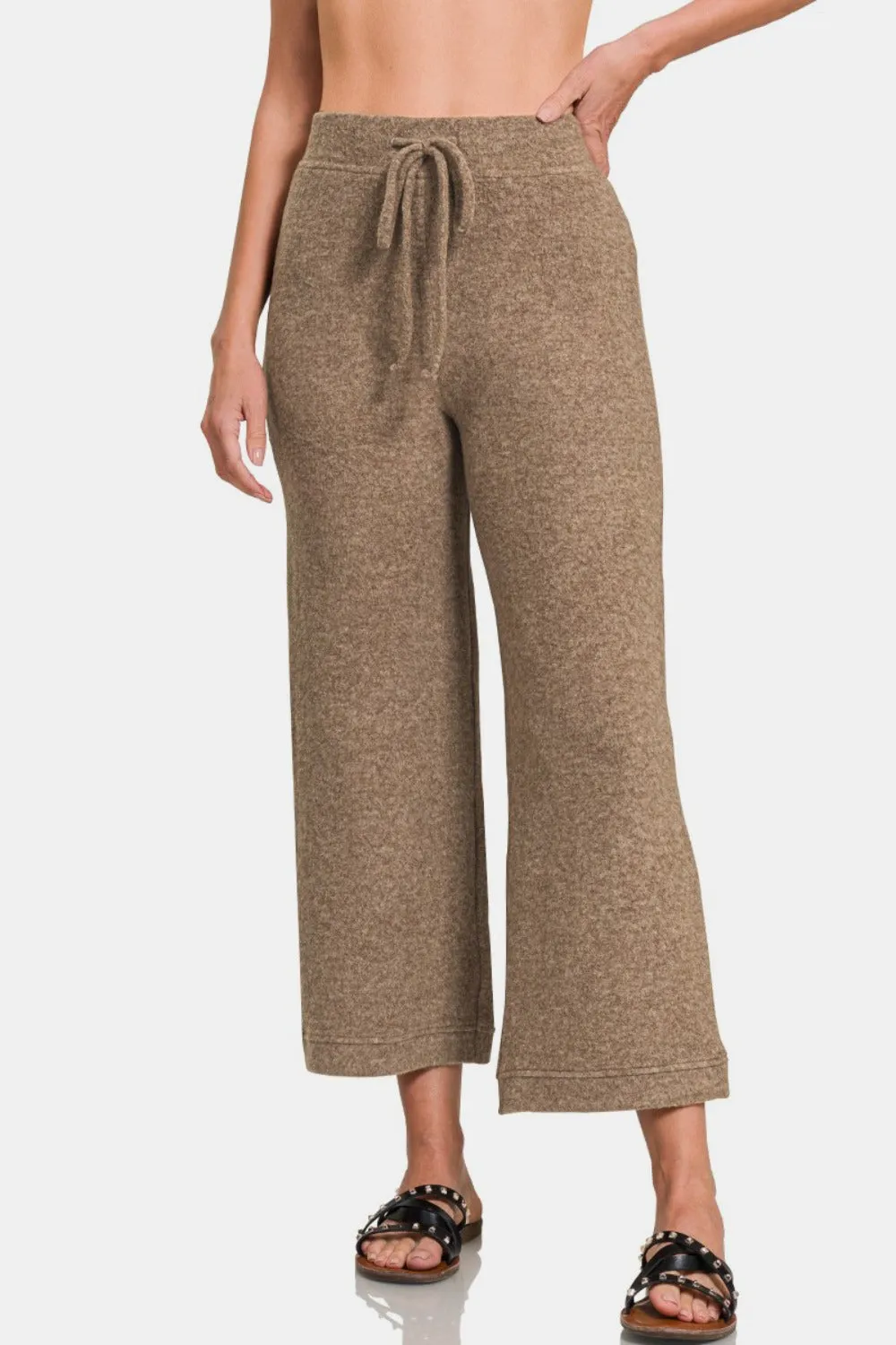 Brown Drawstring Hacci Cropped Pants