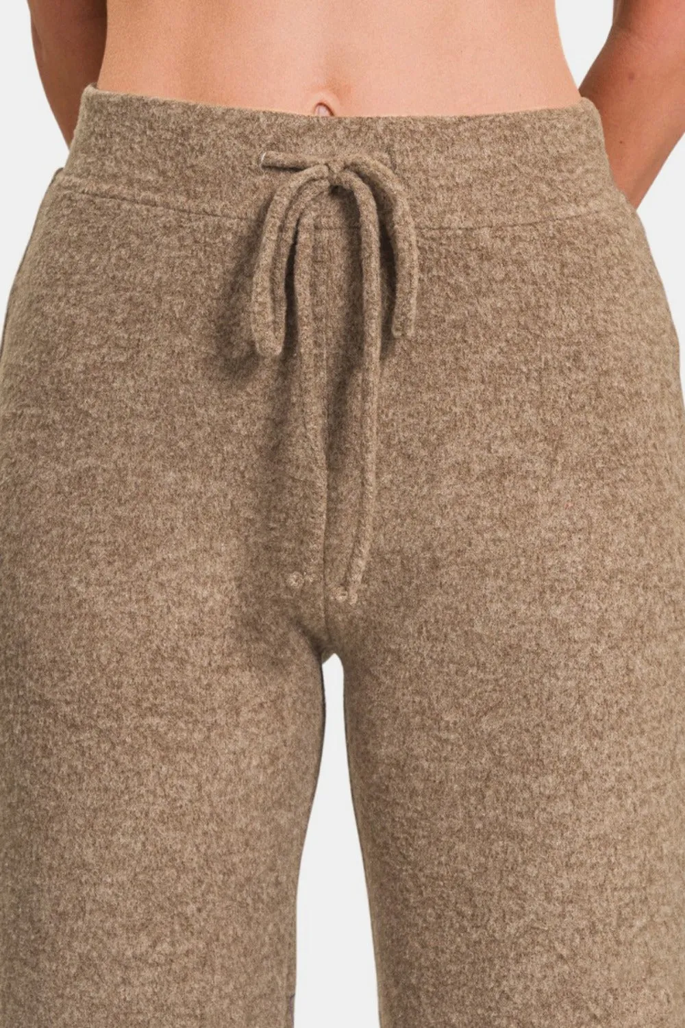 Brown Drawstring Hacci Cropped Pants