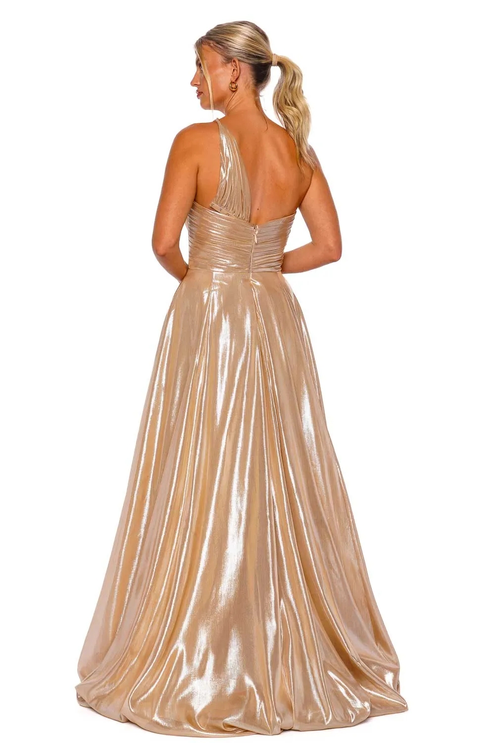 Champagne One Shoulder Ruched Gown