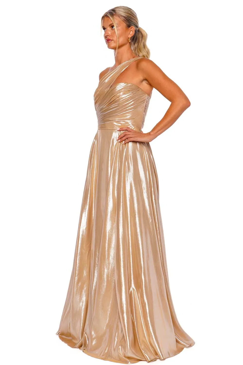 Champagne One Shoulder Ruched Gown