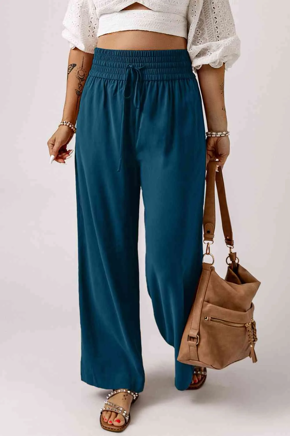 Drawstring Smocked Waist Wide Leg Pants (3 Colors)