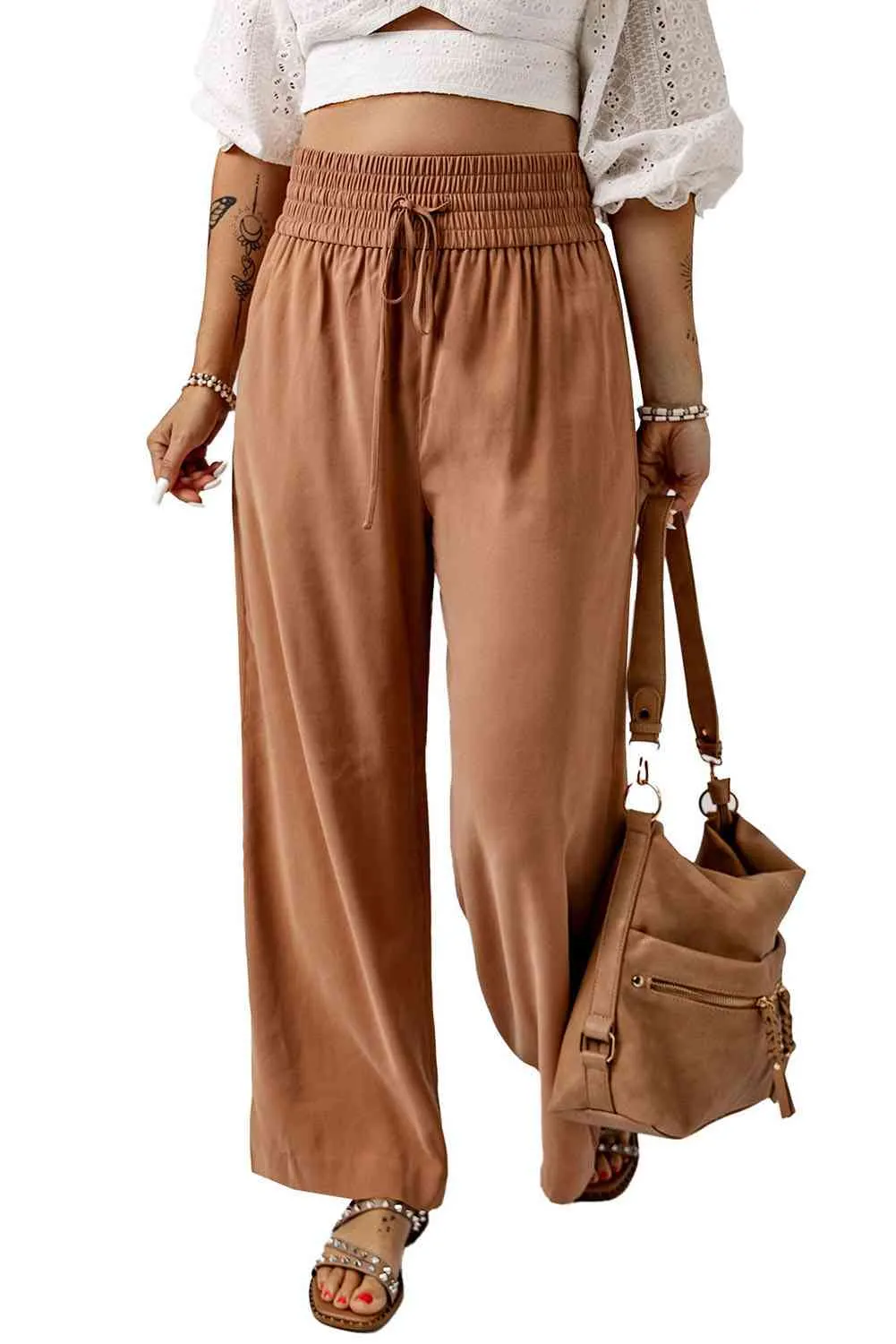 Drawstring Smocked Waist Wide Leg Pants (3 Colors)