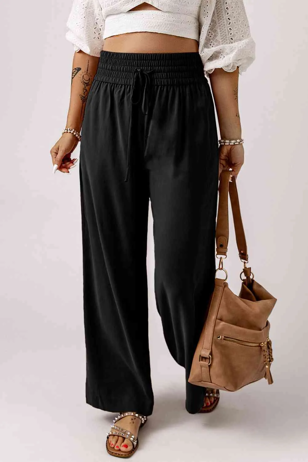Drawstring Smocked Waist Wide Leg Pants (3 Colors)