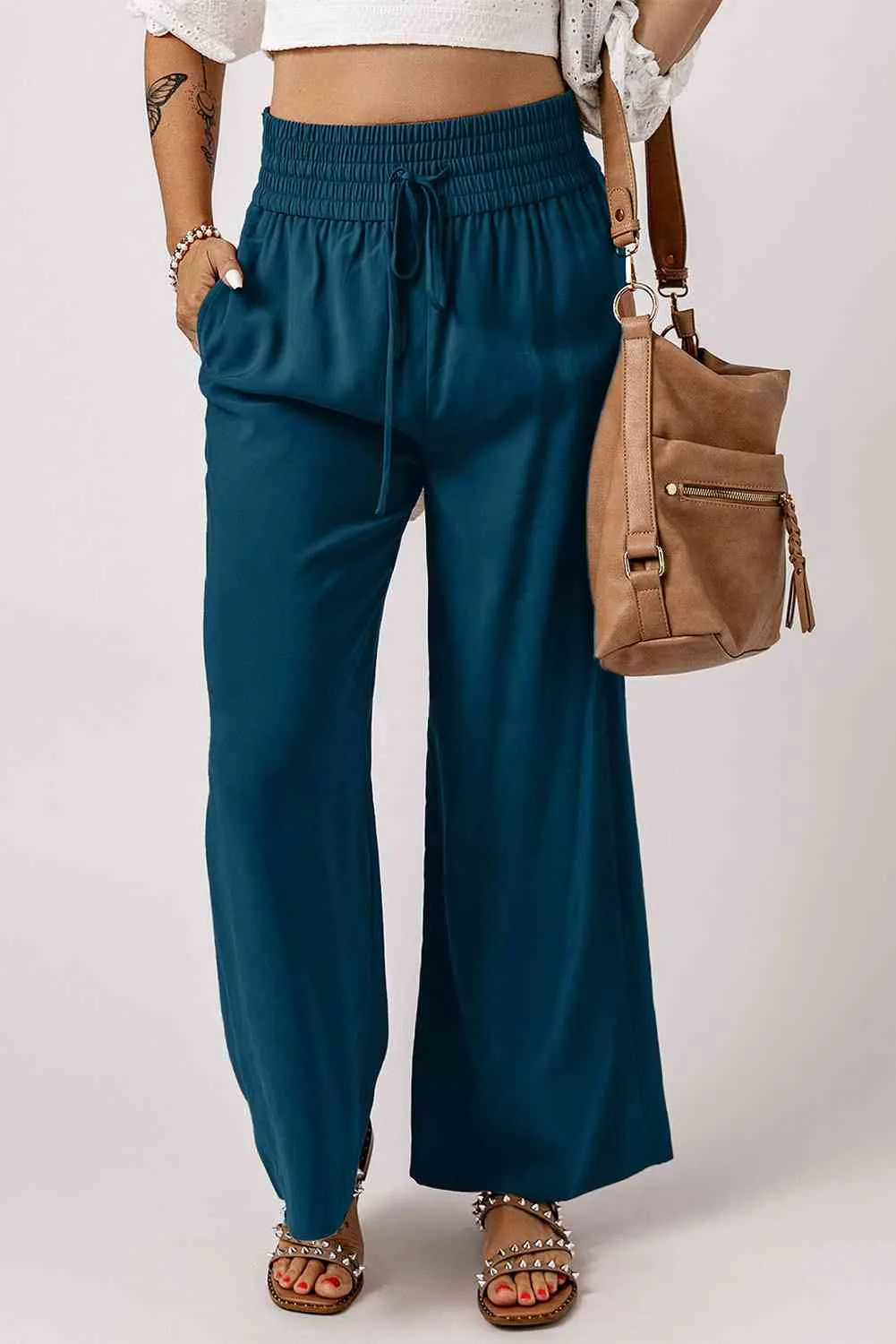 Drawstring Smocked Waist Wide Leg Pants (3 Colors)