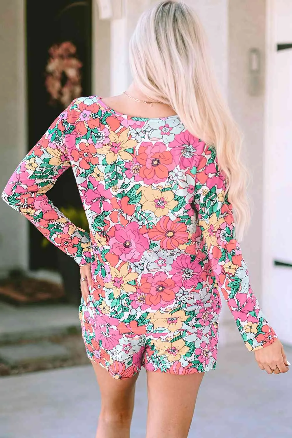 Floral Round Neck Top and Drawstring Shorts Lounge Set