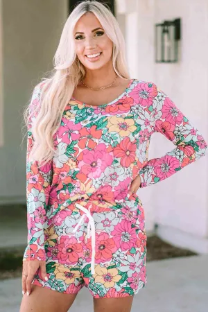 Floral Round Neck Top and Drawstring Shorts Lounge Set