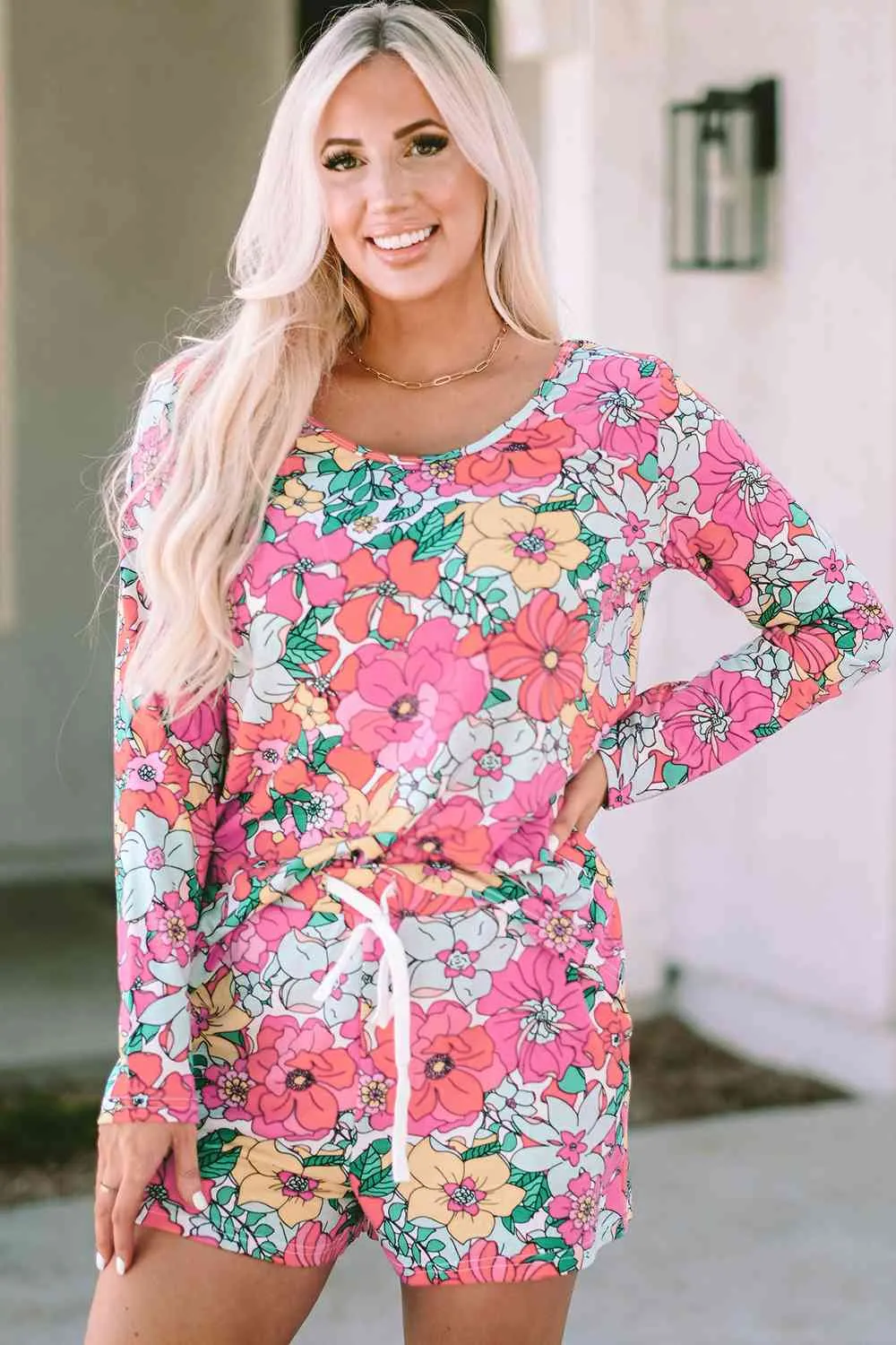 Floral Round Neck Top and Drawstring Shorts Lounge Set