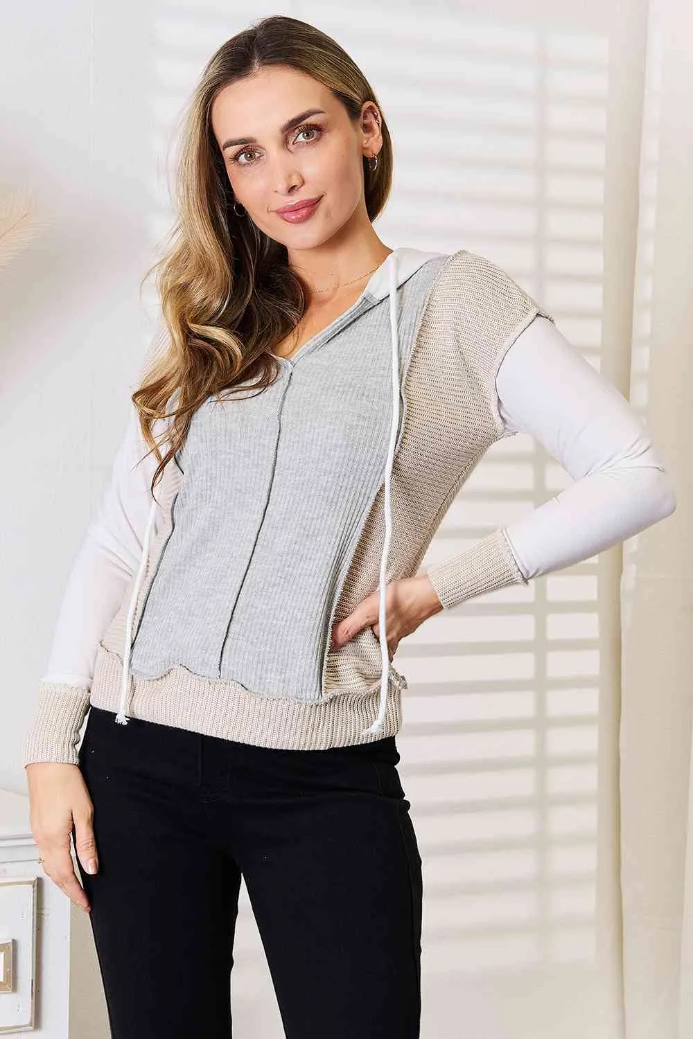 Hazel Blues® |  Double Take Color Block Exposed Seam Drawstring Hoodie
