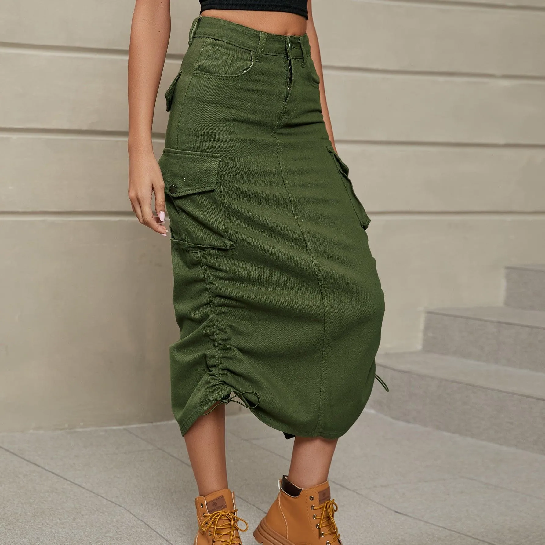 Hazel Blues® |  Drawstring Ruched Slit Denim Midi Skirt