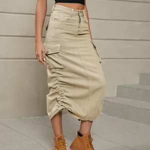 Hazel Blues® |  Drawstring Ruched Slit Denim Midi Skirt