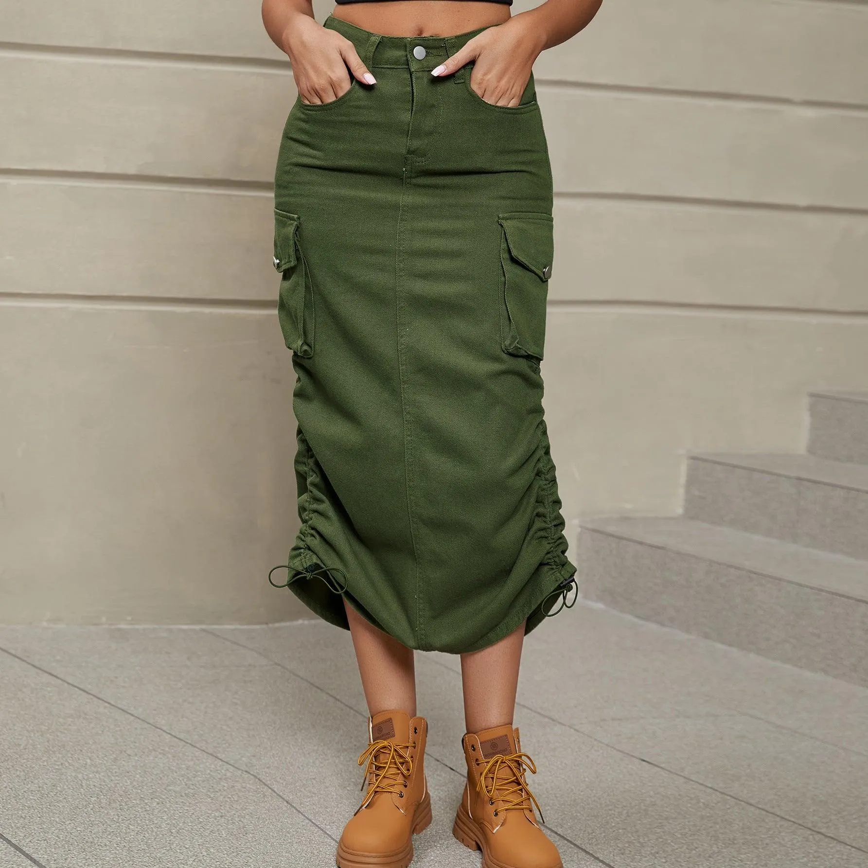 Hazel Blues® |  Drawstring Ruched Slit Denim Midi Skirt