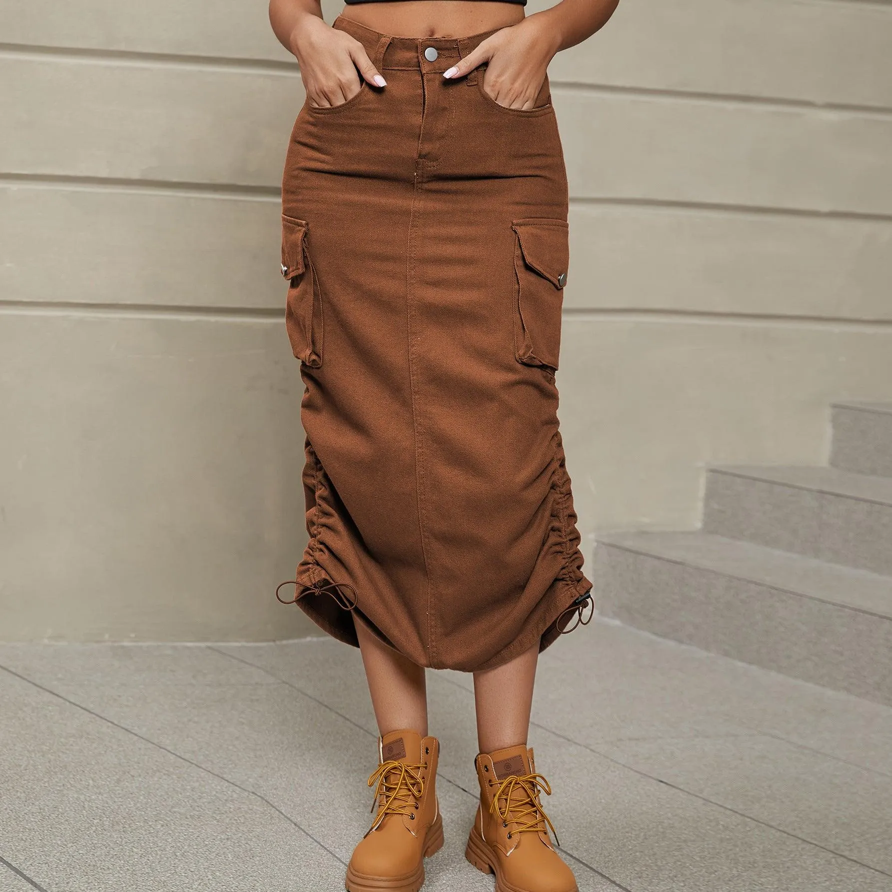 Hazel Blues® |  Drawstring Ruched Slit Denim Midi Skirt