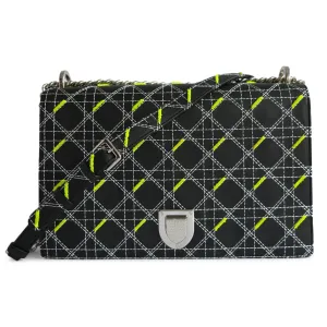 Large Diorama Embroidered Leather Flap Bag in Black Calfskin