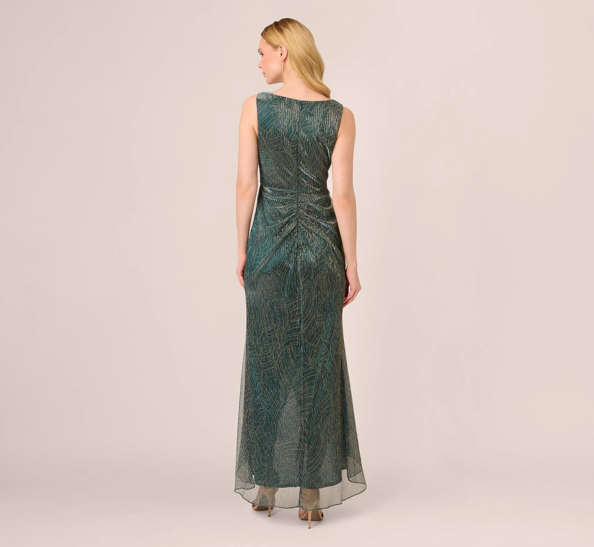 Metallic Mesh Faux Wrap Gown With Ruffle Accents In Evergreen