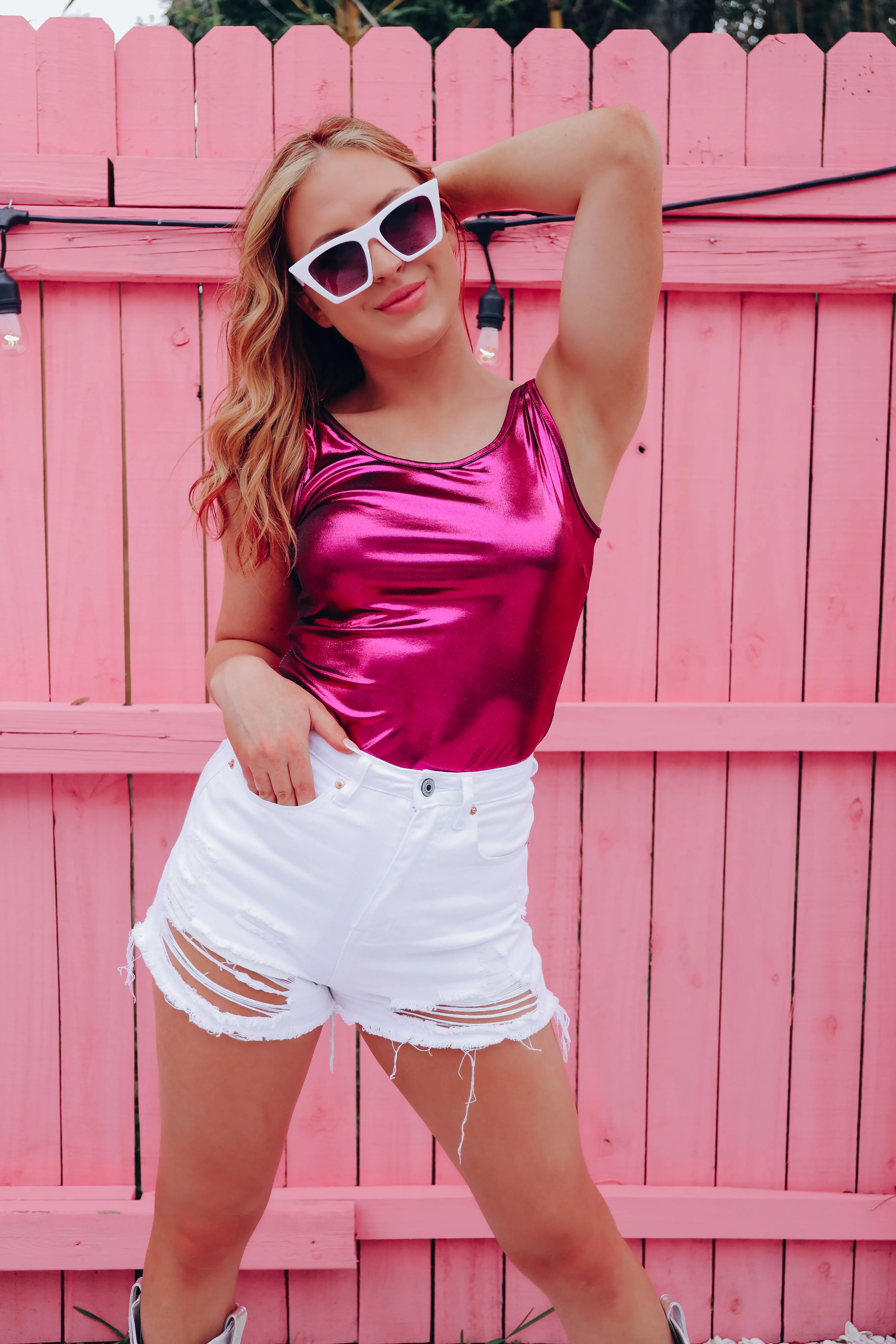 Metallic Sheen Sleeveless Bodysuit - Magenta