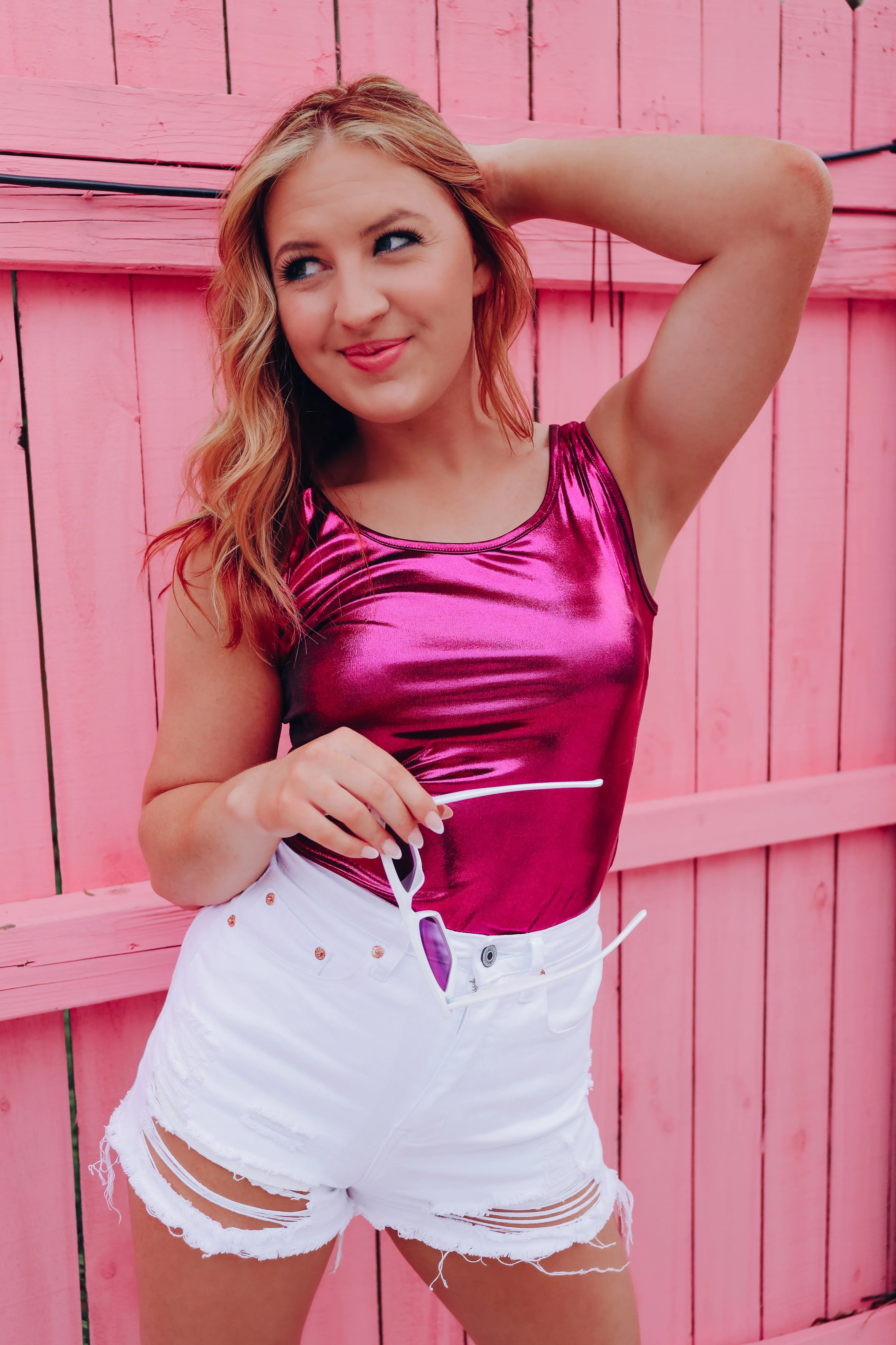 Metallic Sheen Sleeveless Bodysuit - Magenta