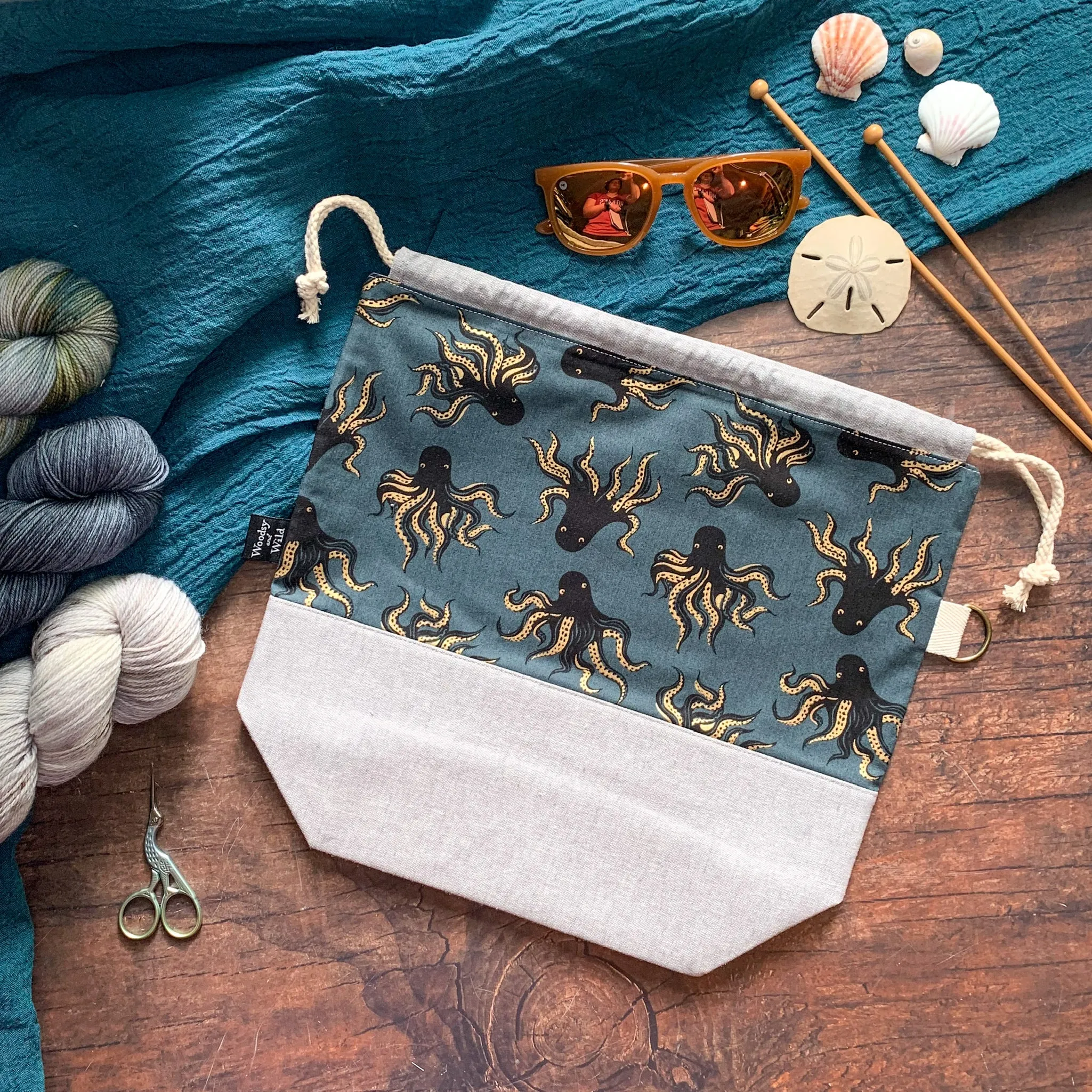 *Mystery Food* (Metallic Gold Octopuses)- Knitting Project Bag- Ready to Ship