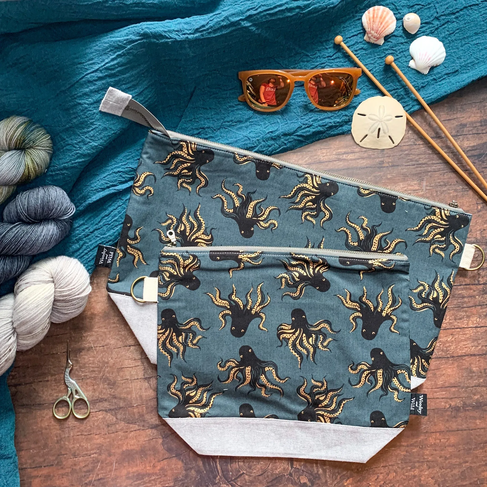 *Mystery Food* (Metallic Gold Octopuses)- Knitting Project Bag- Ready to Ship