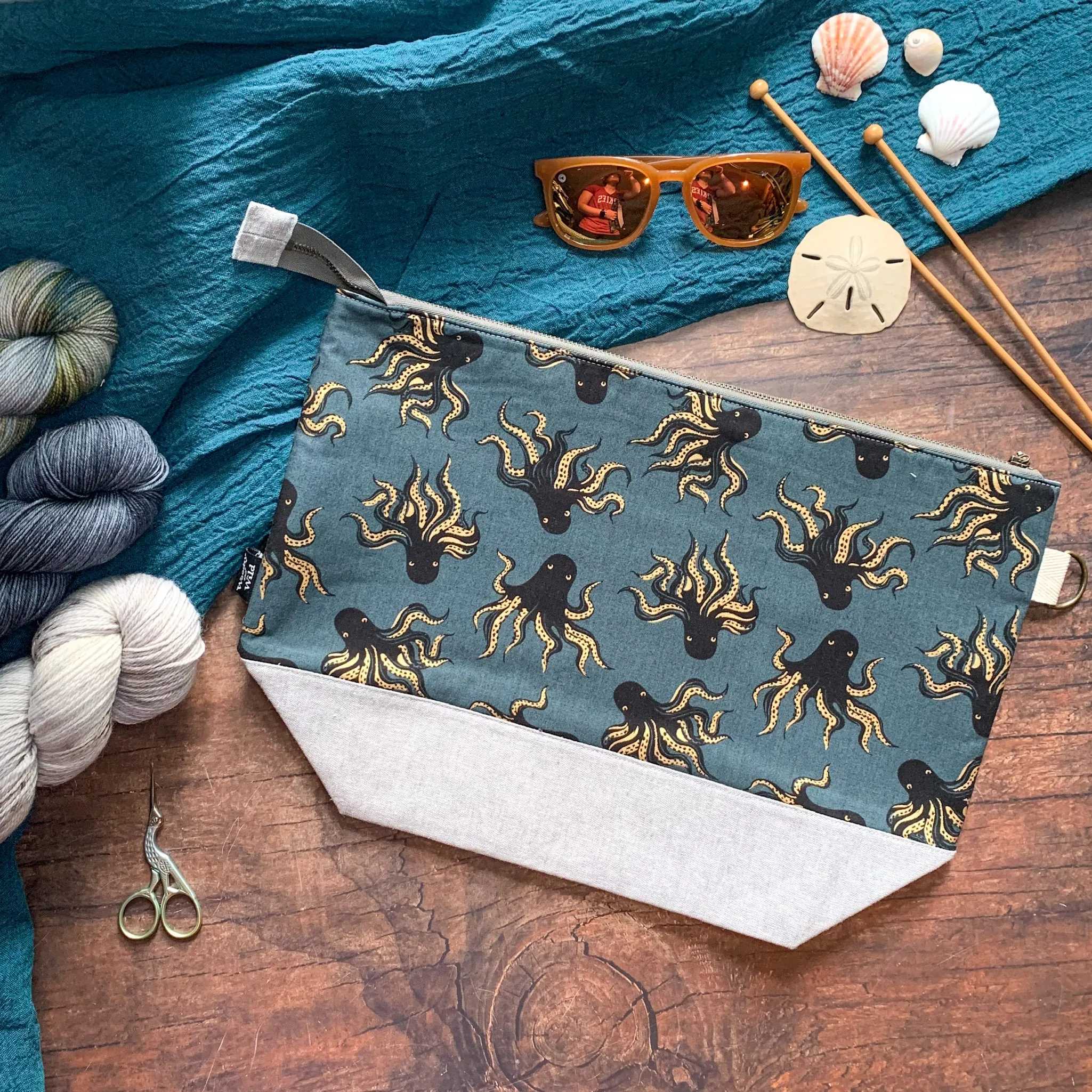 *Mystery Food* (Metallic Gold Octopuses)- Knitting Project Bag- Ready to Ship
