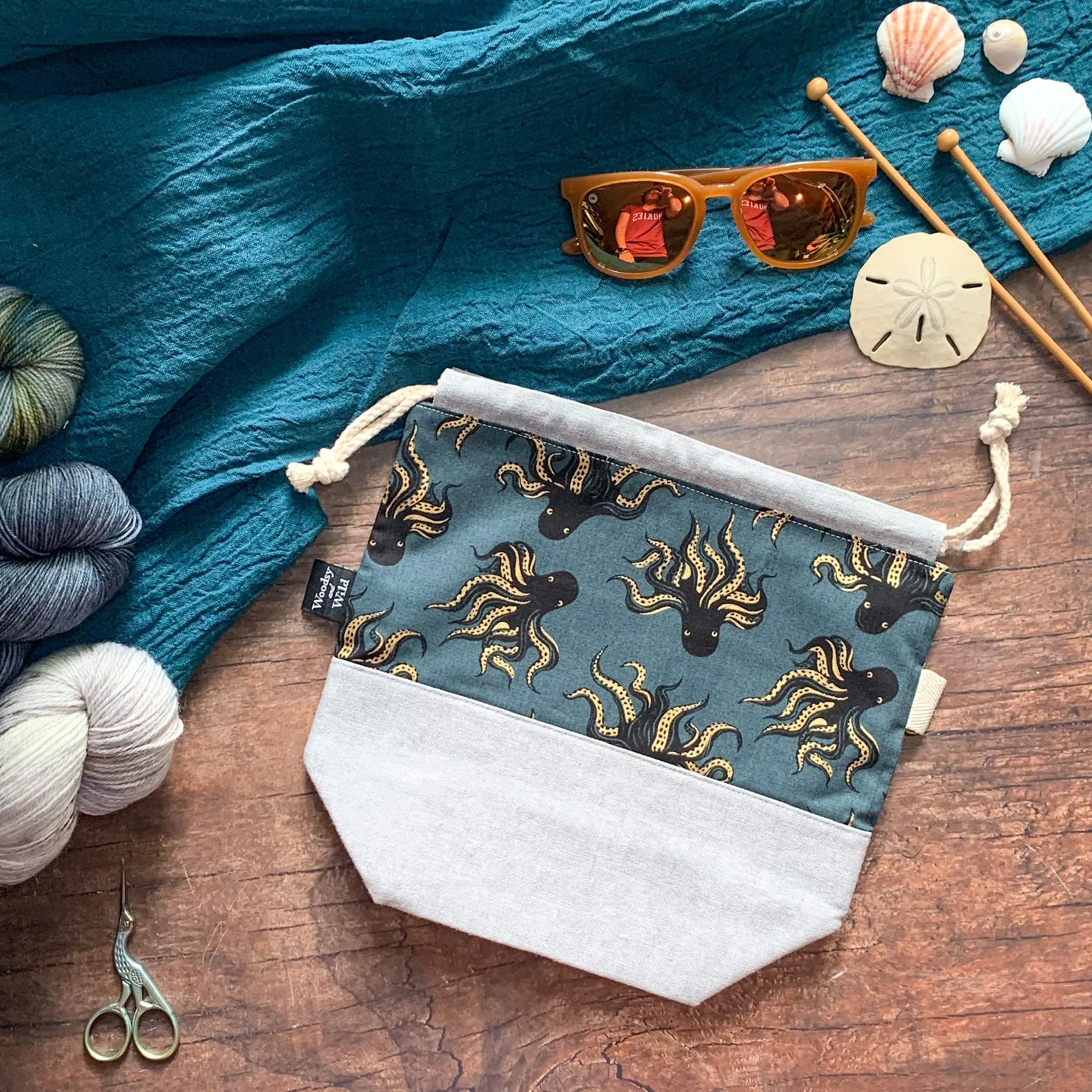 *Mystery Food* (Metallic Gold Octopuses)- Knitting Project Bag- Ready to Ship