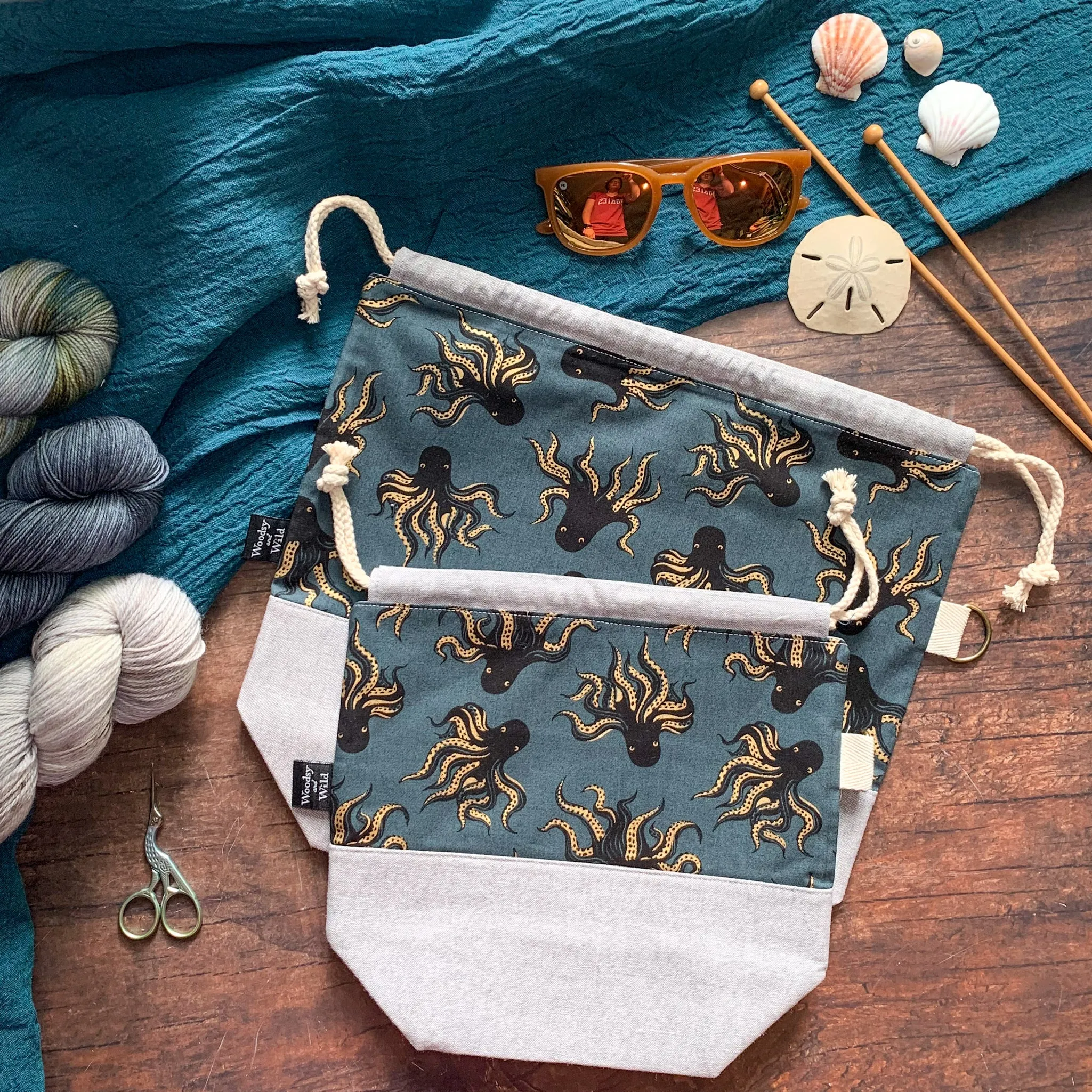 *Mystery Food* (Metallic Gold Octopuses)- Knitting Project Bag- Ready to Ship
