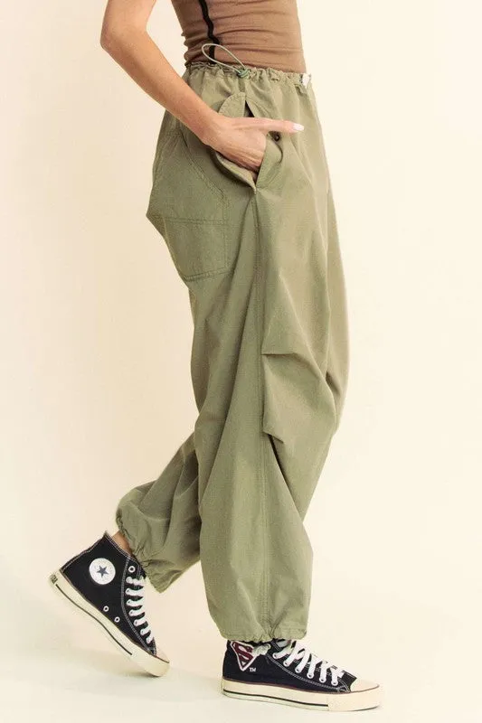 Olive Green Drawstring Baggy Pants with Pockets