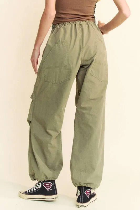 Olive Green Drawstring Baggy Pants with Pockets