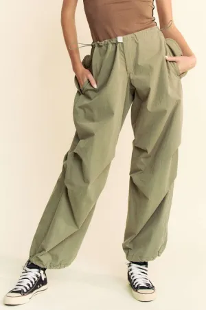 Olive Green Drawstring Baggy Pants with Pockets