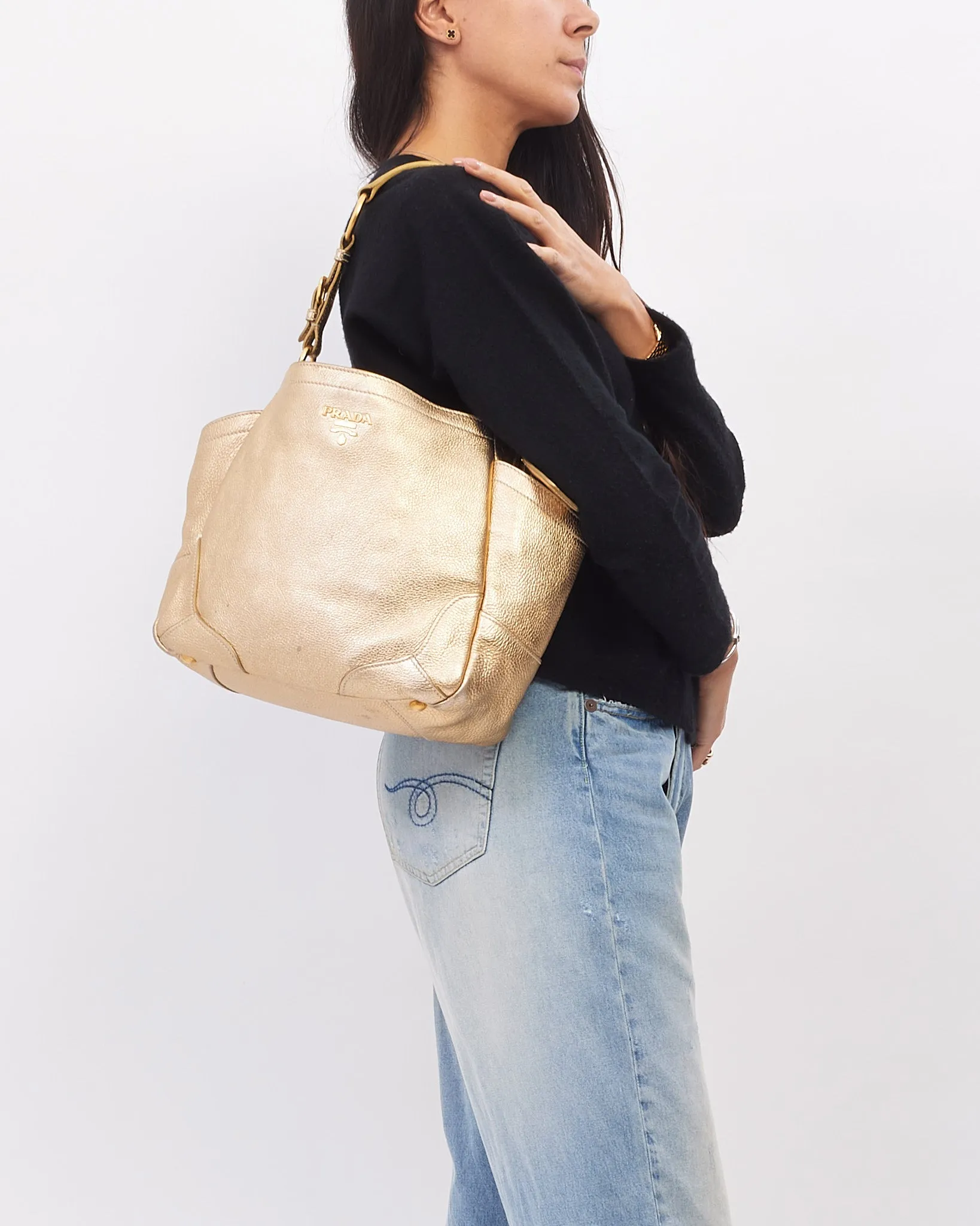 Prada Gold Metallic Daino Leather Hobo Shoulder Bag