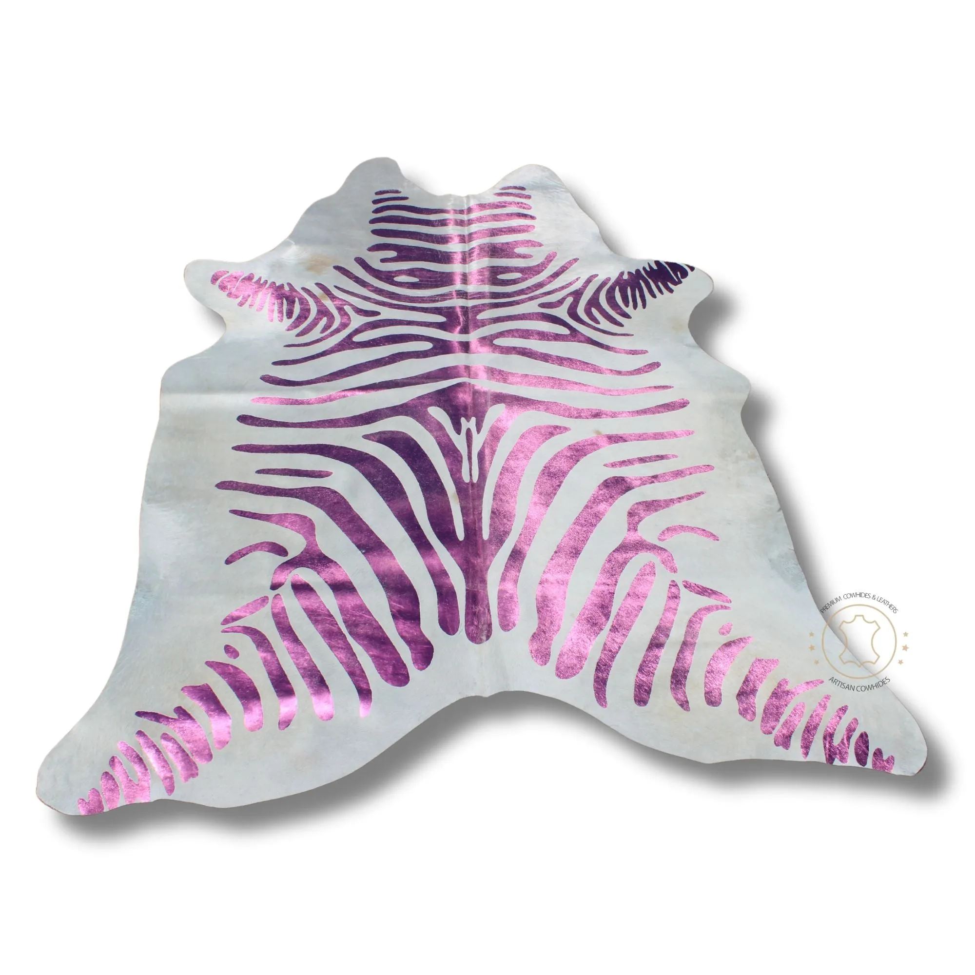 Premium Cowhide Rug with Acid Washed Metallic Zebra Print - Pink