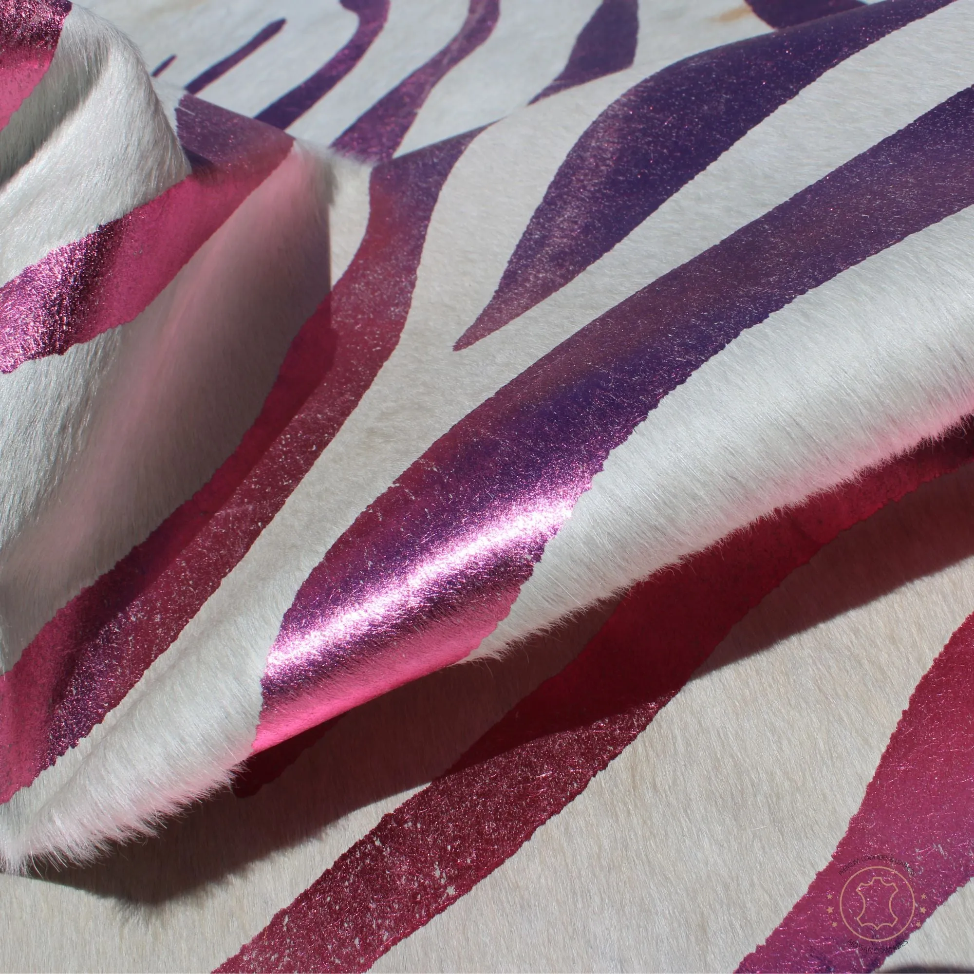 Premium Cowhide Rug with Acid Washed Metallic Zebra Print - Pink