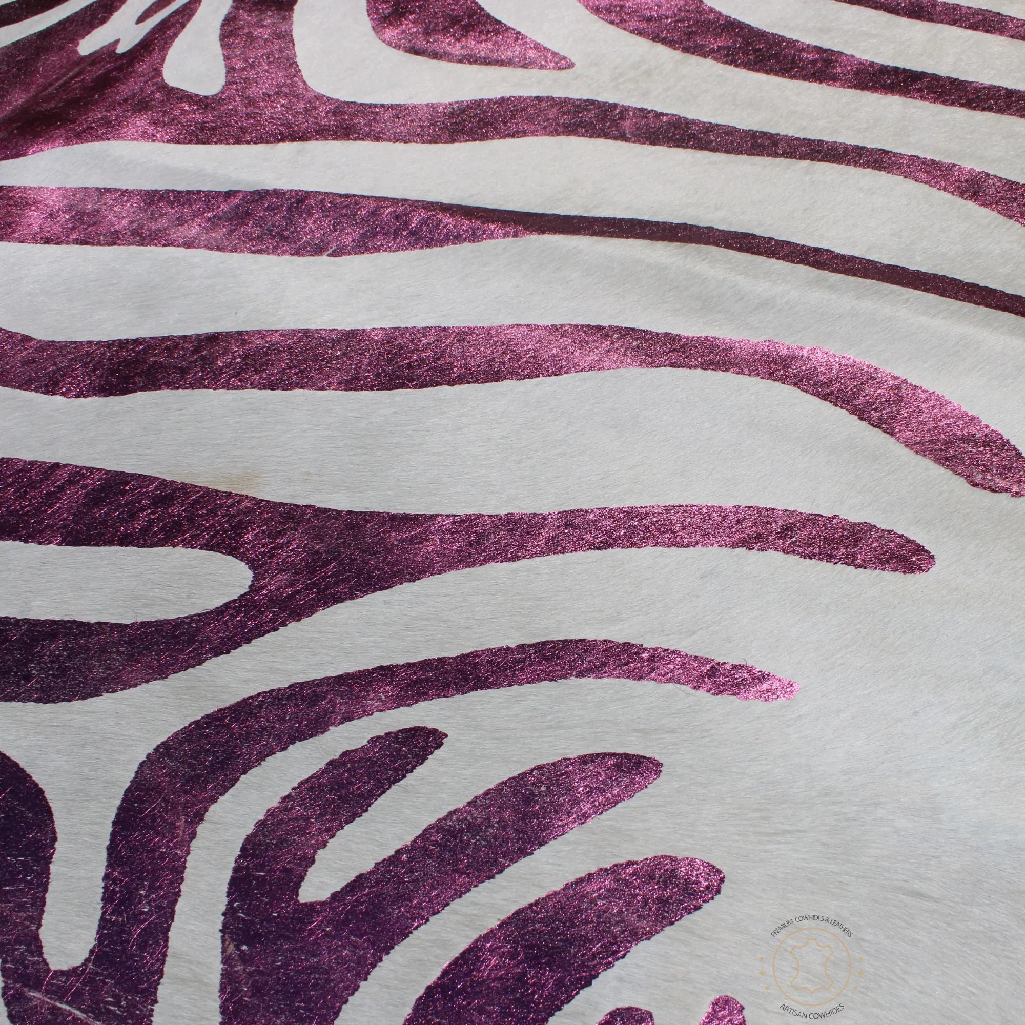 Premium Cowhide Rug with Acid Washed Metallic Zebra Print - Pink