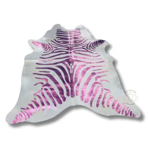 Premium Cowhide Rug with Acid Washed Metallic Zebra Print - Pink