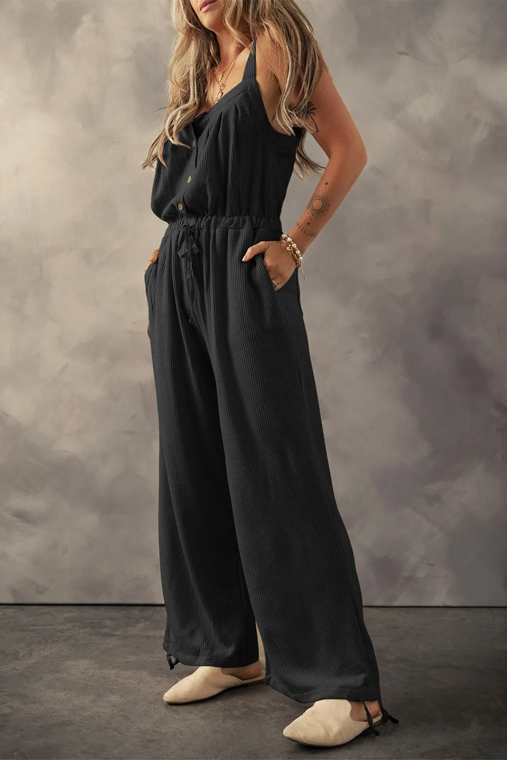 Rosella Waffle-Knit Drawstring Wide Strap Jumpsuit