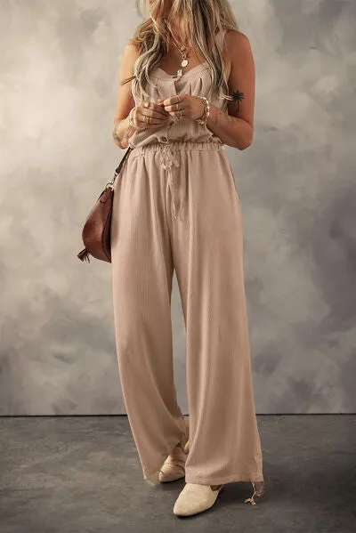 Rosella Waffle-Knit Drawstring Wide Strap Jumpsuit