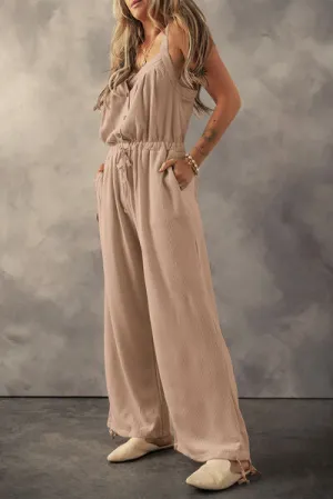 Rosella Waffle-Knit Drawstring Wide Strap Jumpsuit