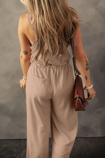 Rosella Waffle-Knit Drawstring Wide Strap Jumpsuit