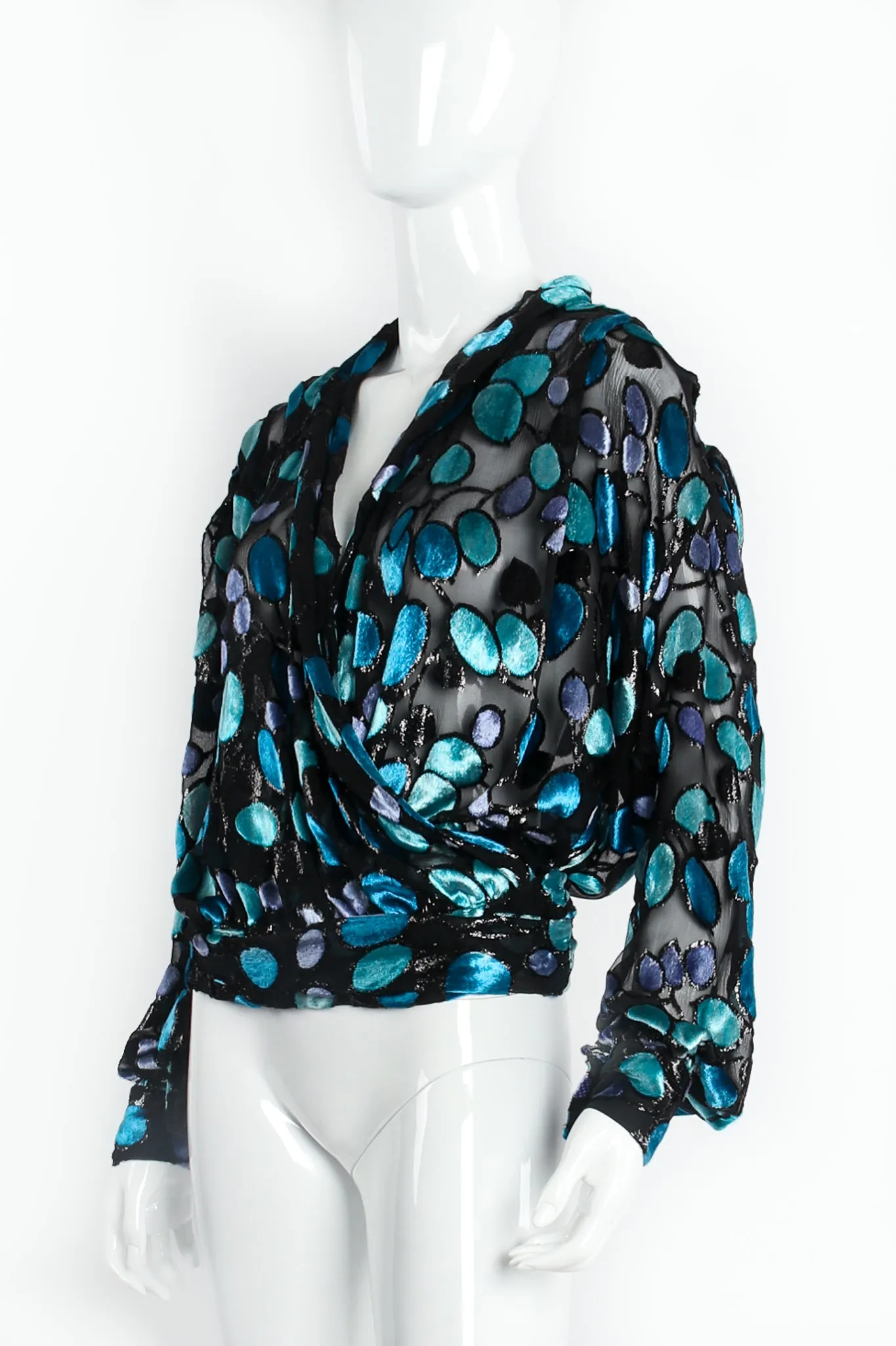 Sheer Silk Metallic Velvet Polka Dot Wrap Blouse