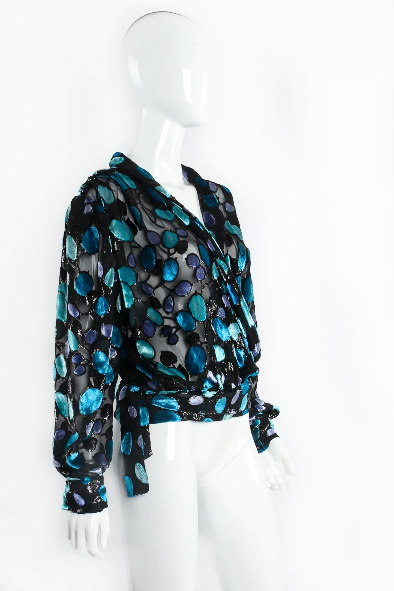 Sheer Silk Metallic Velvet Polka Dot Wrap Blouse
