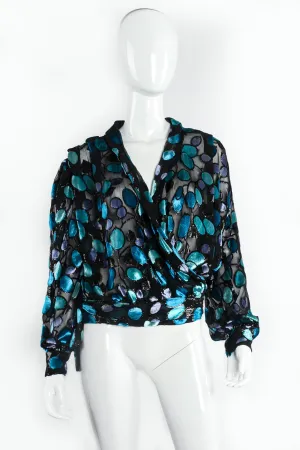 Sheer Silk Metallic Velvet Polka Dot Wrap Blouse